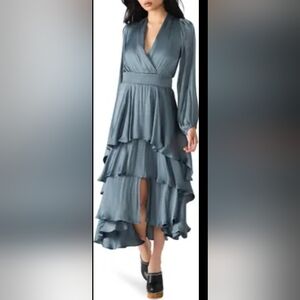 Elegant Grey Blue Tiered Satin Maxi Dress L